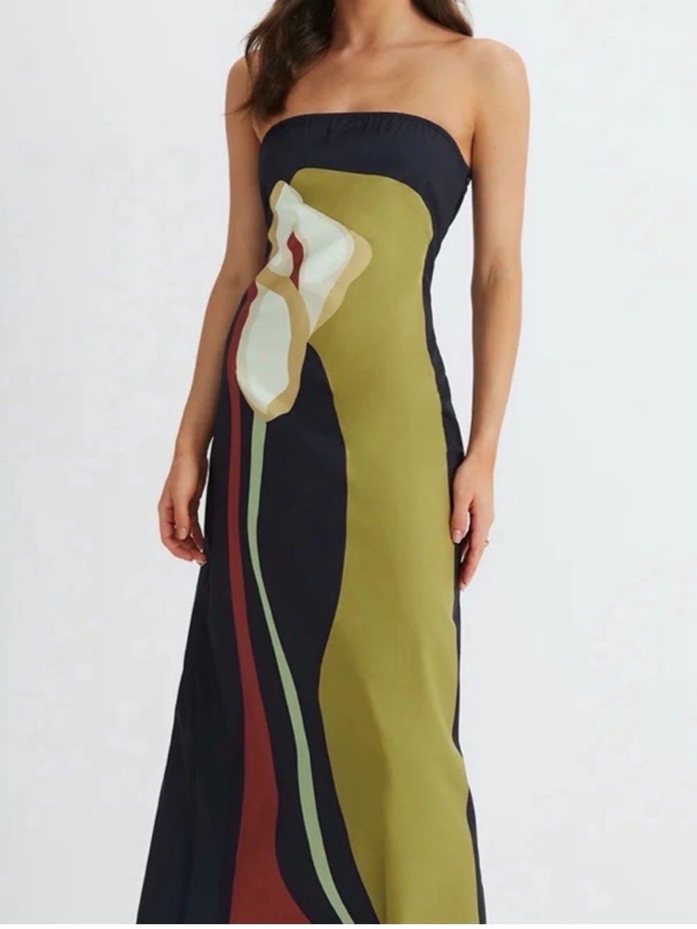Commense Strapless Black and Olive Floral-Panel Maxi Dress